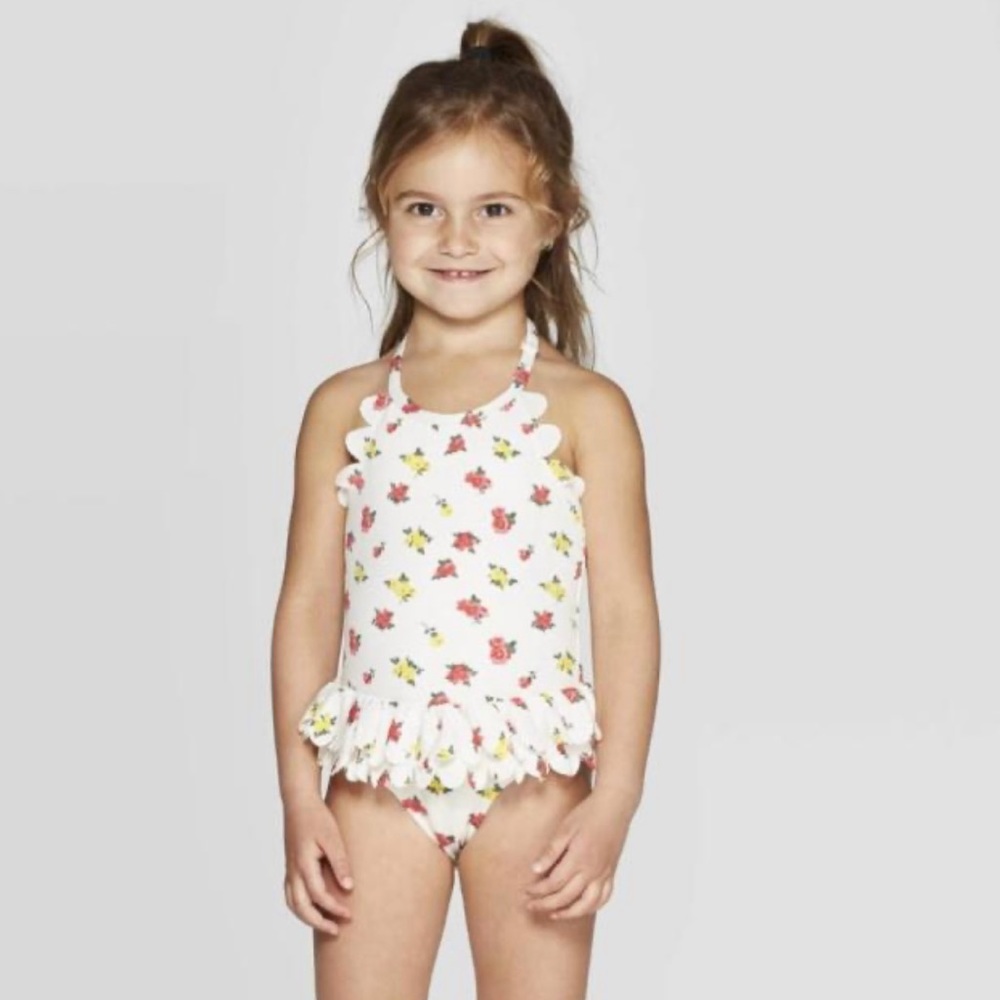 Mila and Emma One Piece Swimsuit White Ruffle Waist Floral